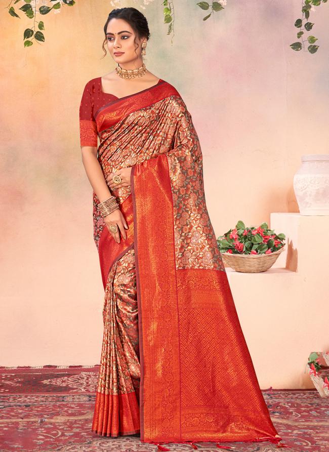 Kanjivaram Silk Orange Party Wear Weaving Saree